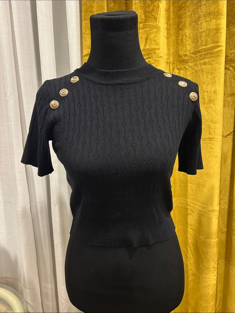 The House of Retron- Black Short-Sleeve Knit Top with Gold Buttons
